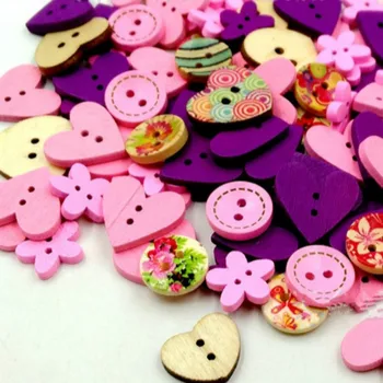 100шт DIY Розово-фиолетовый цвет смешанных форм Деревянные пуговицы для шитья, 2 отверстия, Деревянные пуговицы для одежды, декор для скрапбукинга