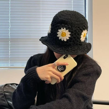 2022 новая Корея Инс вышивка цветок Рыбак шляпа женская осень и зима полые отдых трикотажные ведро с крышкой