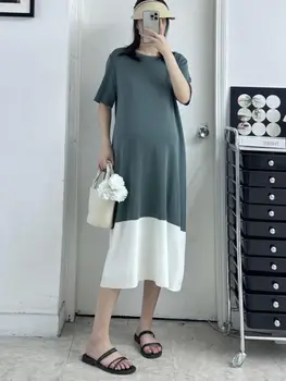 2023 Блочное Цветное Лоскутное Хлопчатобумажное льняное платье для беременных, открытые Вязаные платья с коротким рукавом, Летнее Прямое платье для беременных