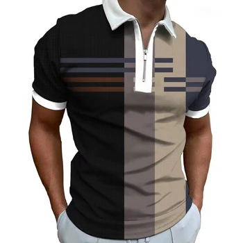 2023 Мужская рубашка поло Модная роскошная социальная футболка с отворотом на молнии, повседневное поло с 3D принтом и коротким рукавом, высококачественная мужская одежда
