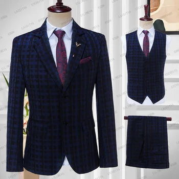 2023 Новый Черно-синий клетчатый костюм Для мужчин, деловое свадебное платье в британском стиле, банкетный костюм высокого класса, приталенный жакет, жилет, Брюки, комплект из 3 предметов