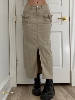 2023 Ретро мода Y2K Джинсовая юбка-карго с низкой талией, женская винтажная уличная одежда с разрезом, женские повседневные однотонные юбки миди с разрезом