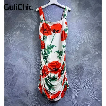 4,26 Женское сексуальное мини-платье GuliChic с квадратным воротником на бретельках, открытой спиной, цветочным принтом и складками.