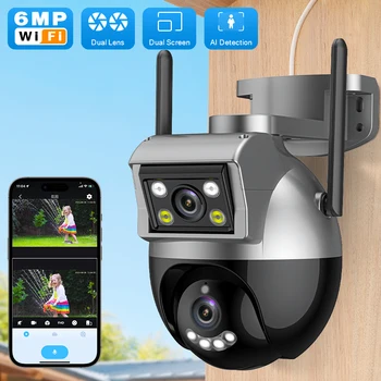 6-Мегапиксельная двухобъективная PTZ-10-кратная Wifi наружная камера домашнего видеонаблюдения Цветные камеры ночного видения с автоматическим отслеживанием iCam365