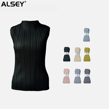 ALSEY Miyake, плиссированный топ, маленький жилет без рукавов, женская тонкая верхняя одежда, футболка с баской, женские топы с высоким вырезом, модные летние новинки