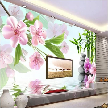 beibehang Обои на заказ, красивый цветок, зеленый бамбук, камень, отражение воды, 3D ТВ фон, стена