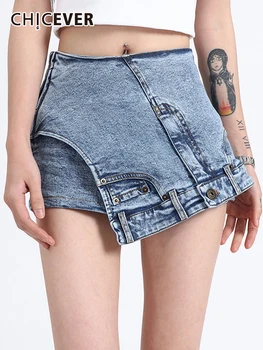 CHICEVER Y2K джинсовые твердые шорты для женщин кнопку пэчворк с высокой талией складками подол нерегулярные уличная короткие брюки Женские летние