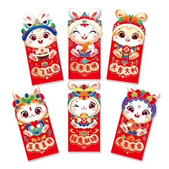 F1CC 6шт. Китайский Новый год 2023, красные конверты с кроликом, бронзовый пакет для весеннего фестиваля