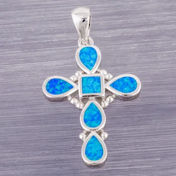 KONGMOON Celtic Cross Ocean Blue Огненный опал Каплевидные Посеребренные украшения для женщин Подвеска для ожерелья