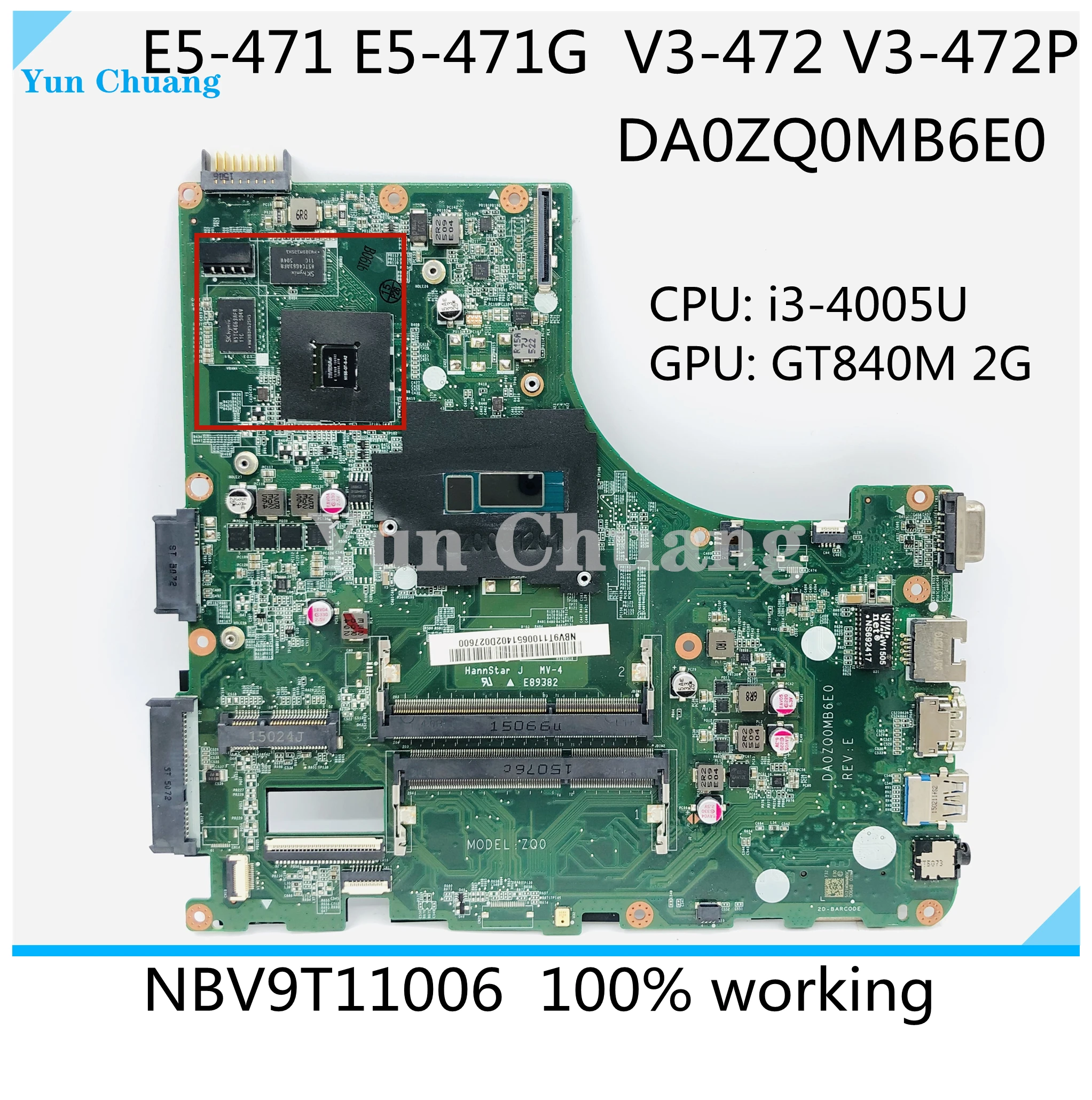 NBV9T11006 для Acer Aspire E5-471 E5-471G V3-472P Материнская плата Laotop DA0ZQ0MB6E0 с процессором i3-4005u GT840M-2GB DDR3L . ' - ' . 0