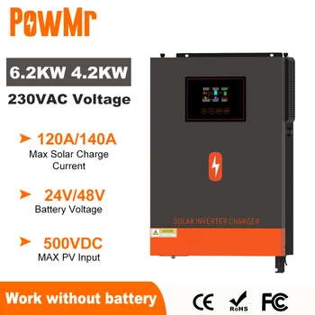 PowMr 6,2 кВт 4,2 КВТ Гибридный Солнечный инвертор 24 В 48 В 230 В В сети Инвертор с чистой синусоидальной волной, Максимальный вход PV 500 В постоянного тока с зарядным устройством MPPT 120A