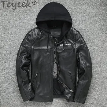 Tcyeek, мужская куртка из натуральной кожи, осенне-весенний верхний слой, пальто из коровьей кожи, Съемная мотоциклетная куртка с капюшоном, мужская одежда Tide