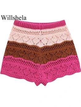 Willshela Женские модные трикотажные мини-шорты в полоску с вырезами, винтажные женские шорты с высокой эластичностью на талии
