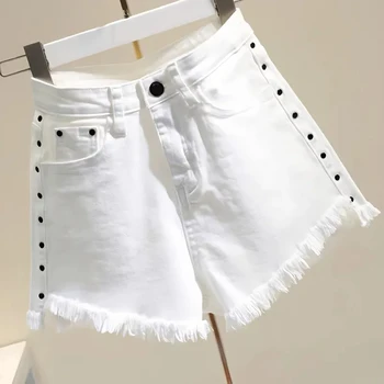 Белые джинсовые шорты с высокой талией и заклепками, женские летние шорты 2023, эластичные шорты De Mujer