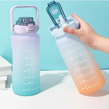 Бутылка для воды объемом 2 л с мотивационным маркером времени и соломинкой, не содержащая бисфенола А, нетоксичная, герметичная Бутылка для питья в спортзале на открытом воздухе