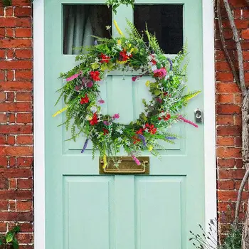 Венки из искусственных цветов, листья зелени у входной двери, Цветочный венок для дома