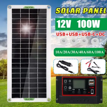 Гибкая солнечная панель мощностью 100 Вт, зарядное устройство на 12 В, двойной USB с контроллером 60A 100A, солнечные батареи, блок питания для телефона, автомобиля, яхты, RV