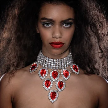 Европейская и американская мода, красное ожерелье с подвеской в виде капли воды, женское ювелирное ожерелье с кристаллами