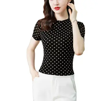 Женская рубашка в горошек с коротким рукавом и круглым вырезом, рубашка с марлевым низом