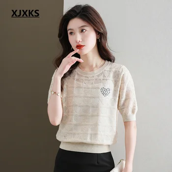 Женская футболка с круглым вырезом и короткими рукавами XJXKS 2023, Летний Удобный льняной пуловер из ледяного шелка, Однотонные универсальные топы