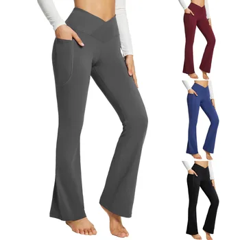Женские леггинсы с высокой талией, эластичный вырез для тренировки йоги, повседневные модные брюки с карманами #t2g