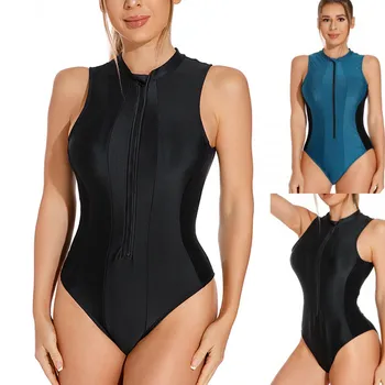 Женский ретро однотонный купальник без рукавов на молнии, купальный костюм для серфинга, Мужские пижамные шорты, синее бикини
