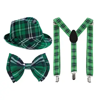 Ирландский фестивальный костюм, шляпа в клетку зеленого цвета, косплей с полями, Аксессуары ко Дню Святого Патрика, Трилистник, Подтяжка с бантом.