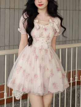 Летнее милое мини-платье с цветочным рисунком, Женское Французское элегантное платье феи, женское Корейское модное милое вечернее мини-платье, лето 2023 г.