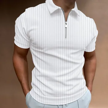 Летняя повседневная модная спортивная рубашка Мужская рубашка поло в полоску на молнии, мужская приталенная футболка с отворотом и принтом в полоску