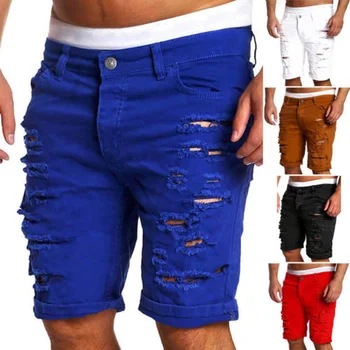 Мужские модные джинсовые шорты с вырезами, рваные джинсовые шорты, повседневные однотонные джинсовые брюки, мужские короткие джинсы длиной до колена