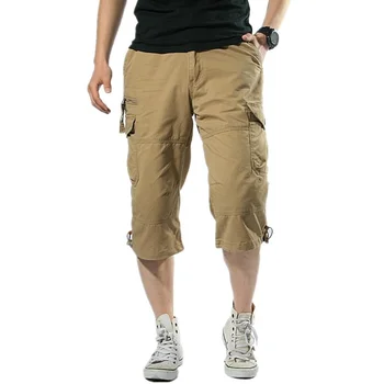 Мужские шорты с несколькими карманами Летние Свободные брюки на молнии цвета Хаки Серый Плюс Размер Короткие брюки Повседневные хлопковые Черные Длинные мужские шорты Карго