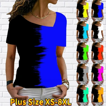 Новая женская толстовка с V-образным вырезом и коротким рукавом, двухцветная уличная одежда с простым принтом, спортивные топы с коротким рукавом XS-8XL