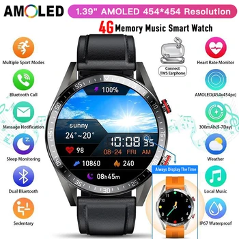 Новые Смарт-Часы Мужские 4G Память Локальный Музыкальный Плеер 454*454 AMOLED Экран Bluetooth Вызов Спортивные Мужские Умные Часы Для Samsung Huawei