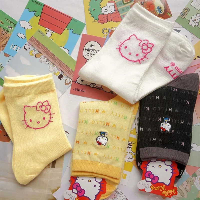 Носки Kawaii Sanrios С милым Рисунком Hellokittyed Girl Heart Academy Style Jk Универсальные Хлопчатобумажные Носки Игрушки для девочек Подарки . ' - ' . 0