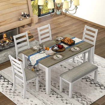 Обеденный стол в деревенском стиле из 6 предметов с 4 Мягкими Стульями и Скамейкой Для внутренней мебели гостиной, коричневый + Побелка