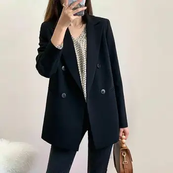 Однотонный Модный женский Черный блейзер с длинным рукавом и карманом, Двубортное Офисное Женское деловое пальто, женские Ретро-топы 2021 Осень