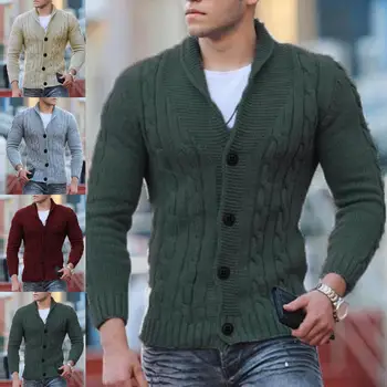 Отличный утепленный осенний свитер с отворотом, эластичный мужской свитер однотонного цвета для работы