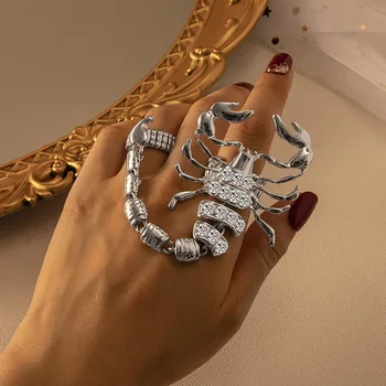 Панк-кольца в виде Скорпиона на 2 пальца, Роскошные Эластичные Регулируемые кольца в виде Скорпиона с кристаллами для мужчин и женщин, ювелирные изделия в стиле хип-хоп