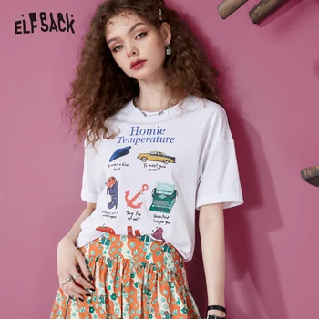 Свободные хлопковые футболки с принтом ELFSACK, женские 2023, весенне-летние базовые топы на каждый день с коротким рукавом