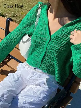 Сексуальный укороченный вязаный кардиган с вырезами, женский зеленый свитер с лацканами, пальто с длинным рукавом, осенние модные однобортные топы 2022 г.