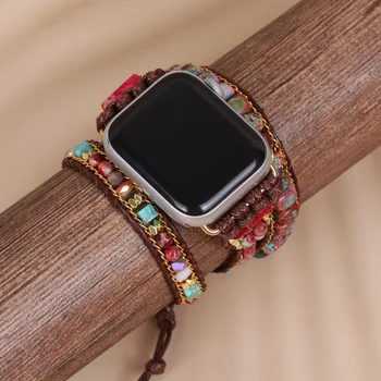 Трансграничный товар, декоративный ремешок из каменных бусин, красный 3-слойный ремешок с подзаводом для Apple watch, плетеный ремешок из каменных бусин, браслет