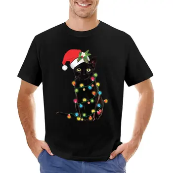 Черный кот Санта, запутавшийся в огнях, Рождественская футболка с Санта-Клаусом, милые топы, спортивные рубашки, футболки на заказ, мужские винтажные футболки