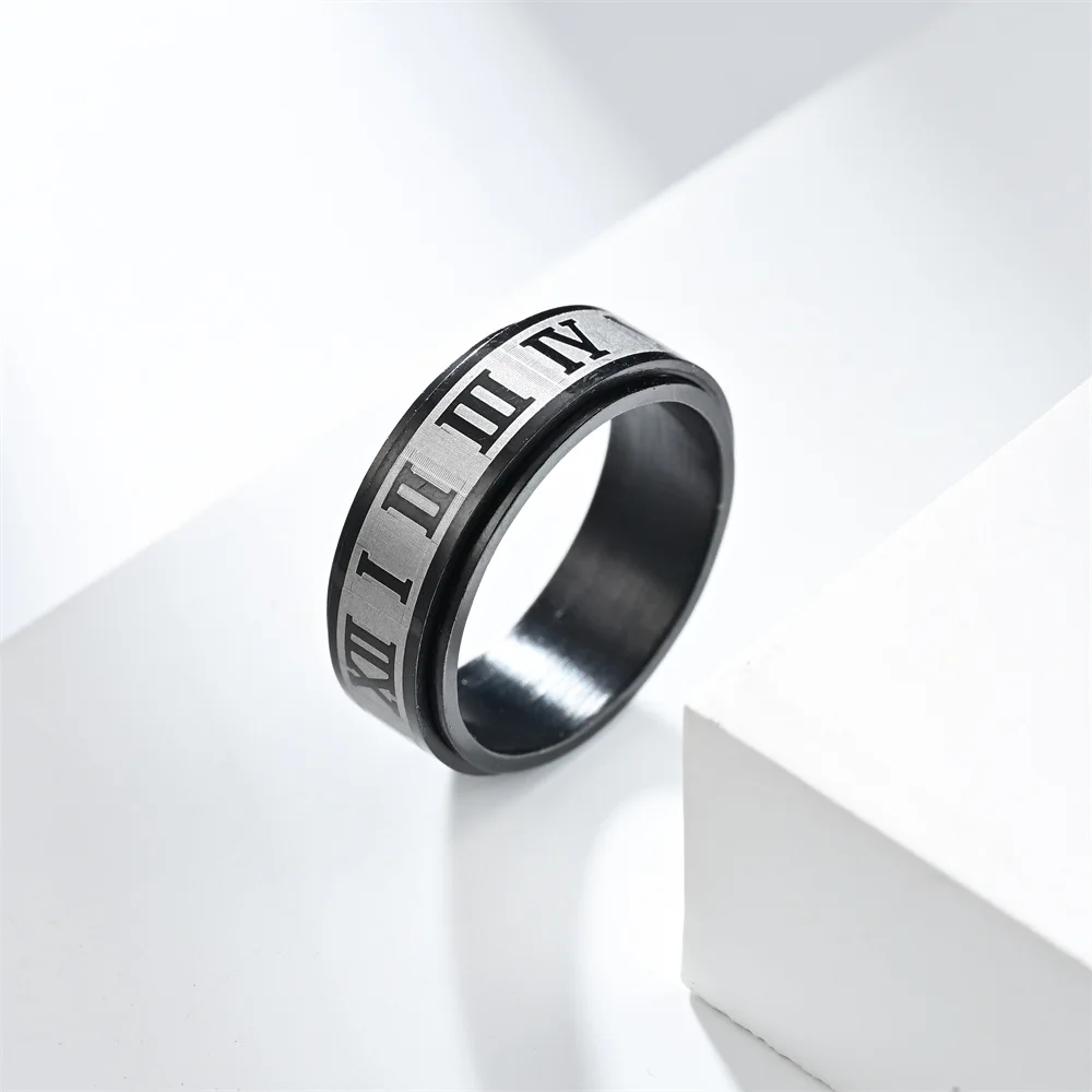 Модные кольца из нержавеющей стали 8 мм для мужчин и женщин в стиле панк с римскими цифрами, вращающееся кольцо, Антистрессовое обручальное кольцо Унисекс, ювелирные изделия . ' - ' . 1