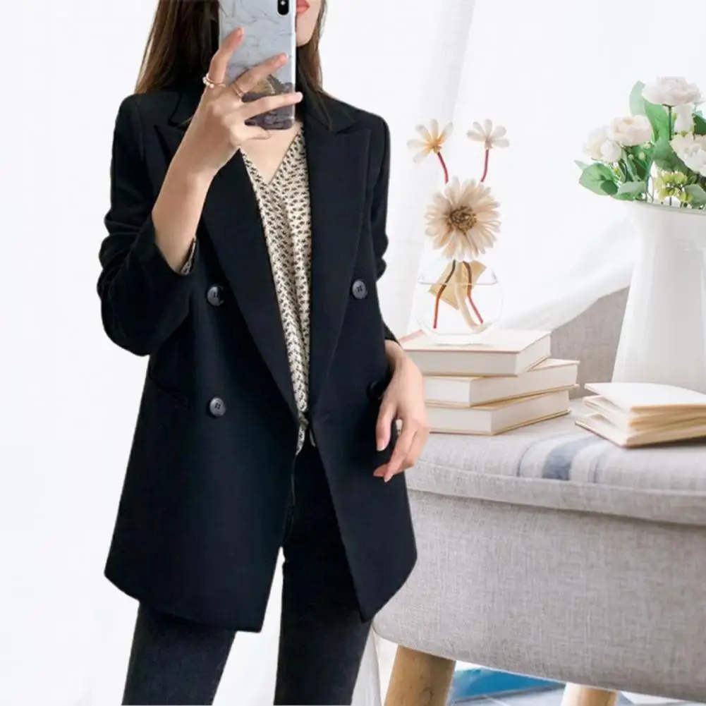 Однотонный Модный женский Черный блейзер с длинным рукавом и карманом, Двубортное Офисное Женское деловое пальто, женские Ретро-топы 2021 Осень . ' - ' . 2