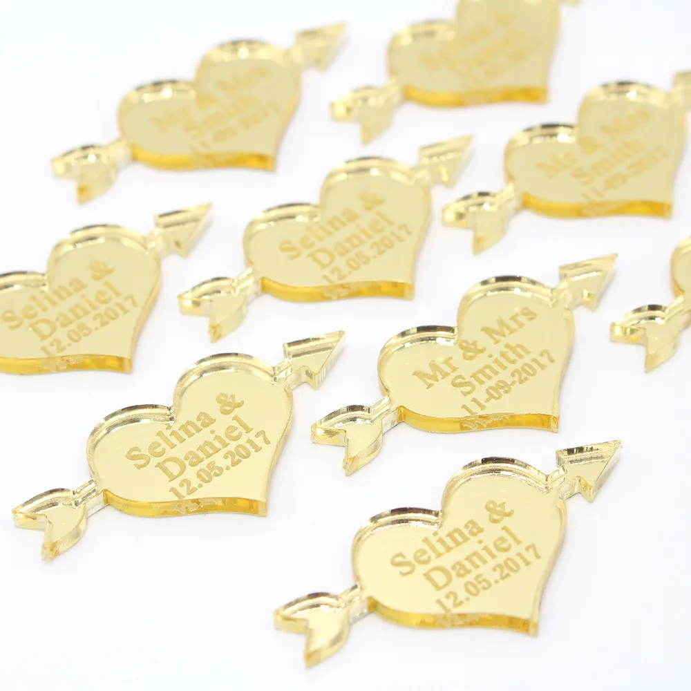 50шт Персонализированных гравированных Mr & Mrs золотых Серебряных зеркальных украшений в виде сердечек, центральных элементов юбилейного стола, украшений для вечеринок . ' - ' . 3
