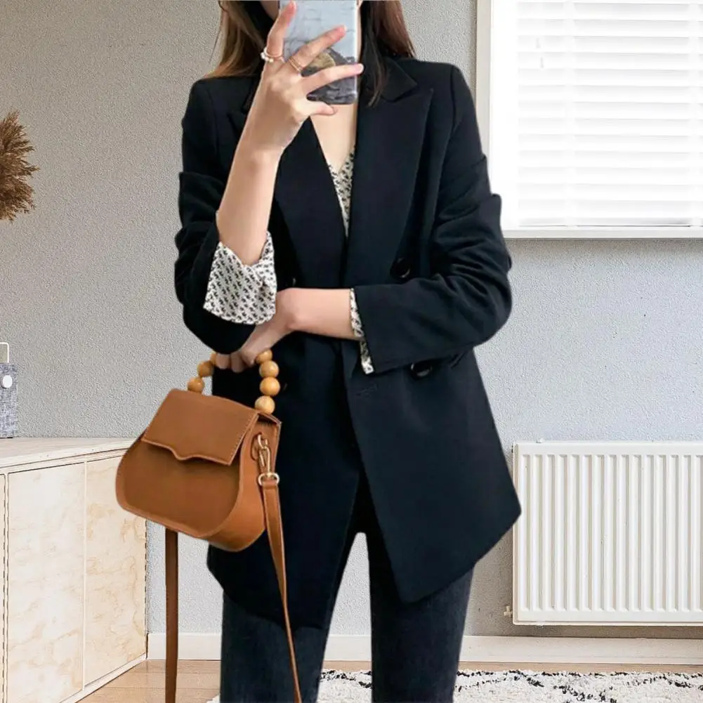 Однотонный Модный женский Черный блейзер с длинным рукавом и карманом, Двубортное Офисное Женское деловое пальто, женские Ретро-топы 2021 Осень . ' - ' . 3