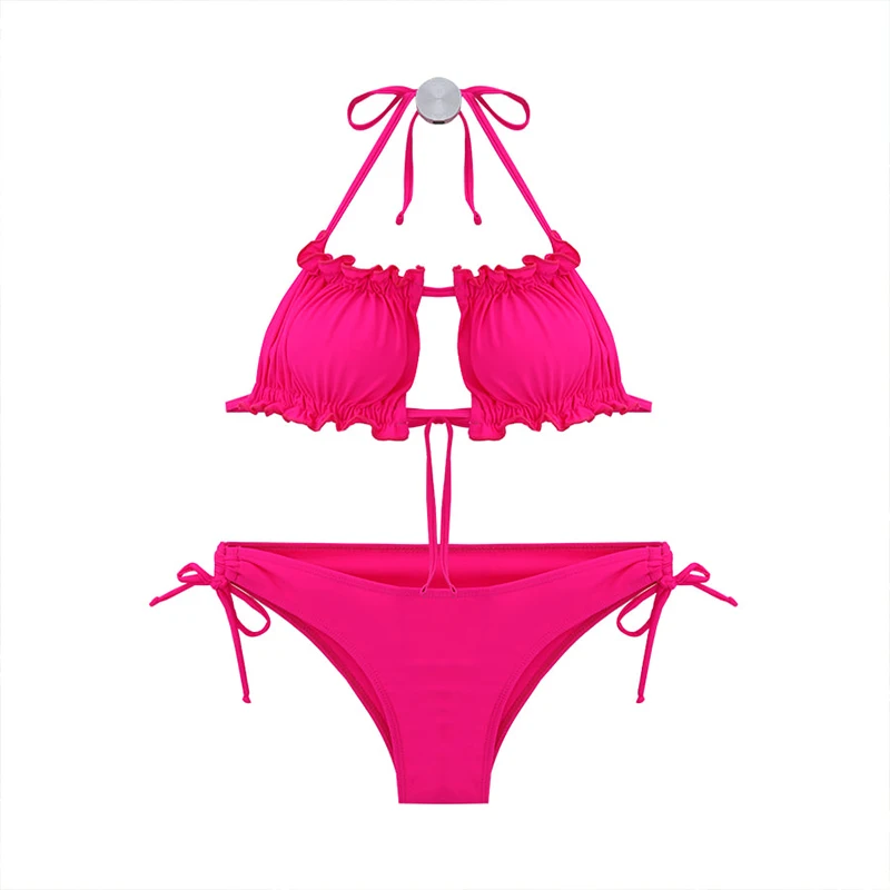 Летом 2023 Года Новый высокоэластичный комплект бикини из двух частей, Розовый Сексуальный женский купальник на шнуровке, Пляжный купальный костюм, купальники . ' - ' . 5