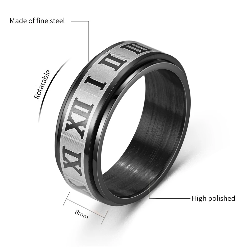 Модные кольца из нержавеющей стали 8 мм для мужчин и женщин в стиле панк с римскими цифрами, вращающееся кольцо, Антистрессовое обручальное кольцо Унисекс, ювелирные изделия . ' - ' . 5
